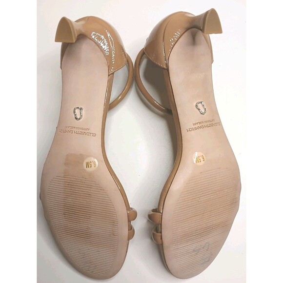 Antonio Melani Sandals Sz 6.5 Tan Brown Patent Leather Strappy Kitten Heel $150 - Picture 13 of 16